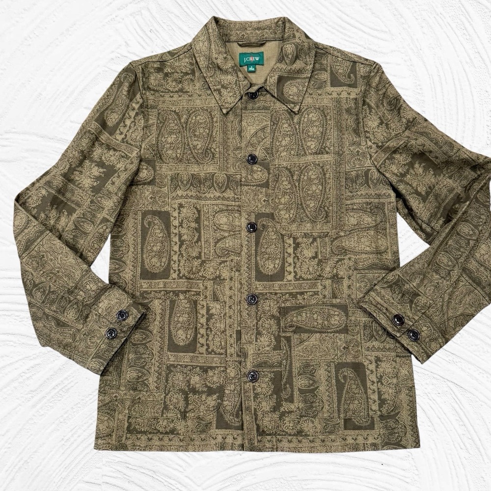 J.Crew Batik Paisley Olive Green Brown Men's Small  Cotton‎ Linen Chore Jacket